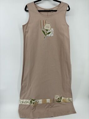 Vintage 55% Linen Blend Beige Floral Appliqué Sleeveless Maxi Dress Peasant